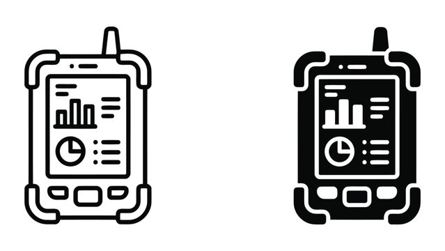 Rugged industrial handheld tablet icon set with protective frame and data dashboard showing growth charts and clock timer for field work and construction site monitoring and management tasks