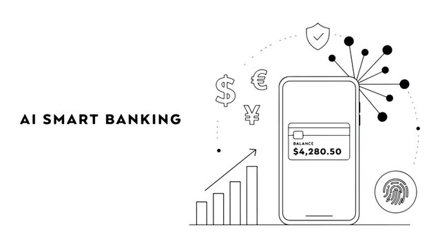 Digital smart banking concept illustration showing mobile phone with balance display and financial growth chart graphics on transparent background design.