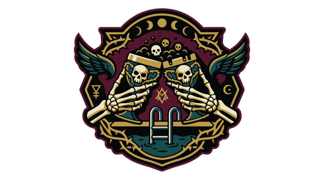 Vintage pirate skull emblem with crossed swords and gothic crest.