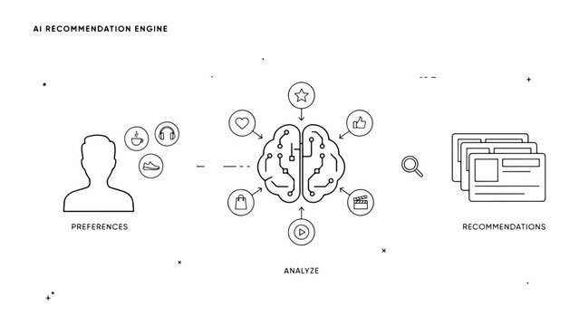 AI recommendation engine diagram showing user preferences analyzed by brain processing to generate personalized suggestions.