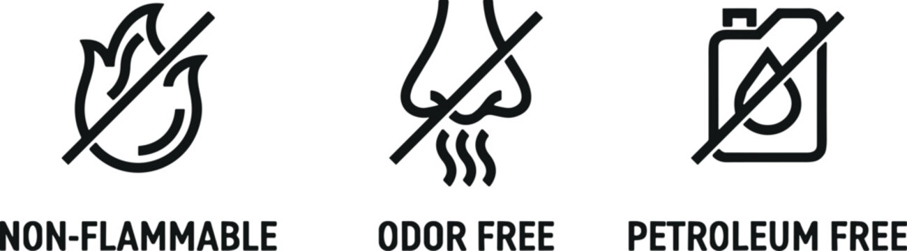 Non flammable odor free and petroleum free eco friendly product features line icons set vector illustration graphic