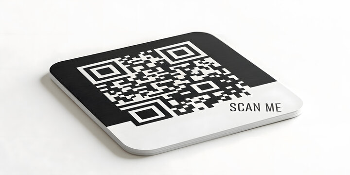 Modern square coaster design featuring scannable qr code with minimalist scan me text label.
