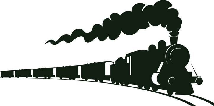 Vintage Steam Train Silhouette with Long Passenger Cars and Smoke Cloud, Classic Railway Locomotive Traveling on Curved Track Vector Illustration