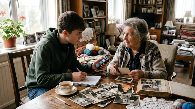 A caring grandson recording family history and stories with his elderly grandmother while looking at vintage photographs together at home