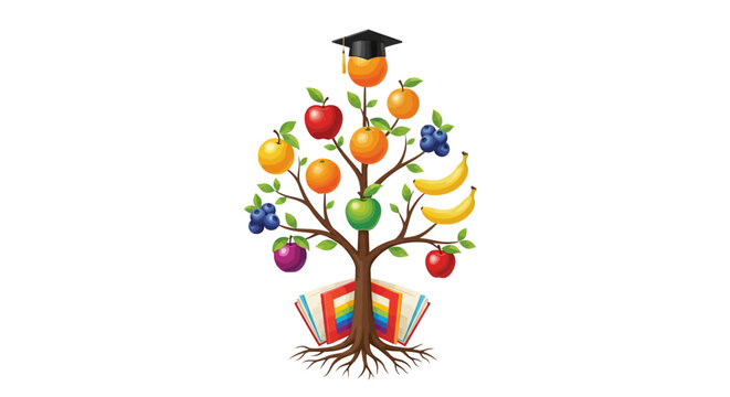 Tree with fruit and graduation cap.