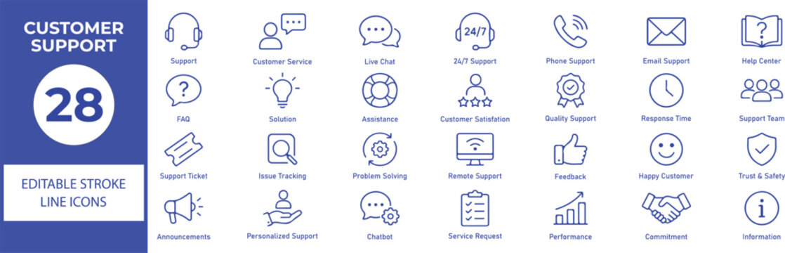 Customer Support Vector Outline Icons Set &ndash; Help Desk, Live Chat, Technical Support, Contact Center and Customer Service Line Symbols Collection