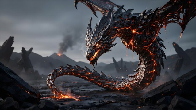 Majestic fiery dragon emerging from volcanic landscape with dark clouds