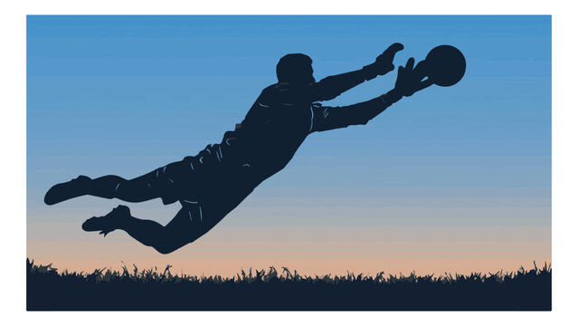 Silhouette of a Person Diving with a Ball in Midair.