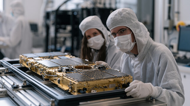 A GPS satellite modernization integration team mates a precision atomic clock module to a new navigation payload, clean room technicians using specialized fixtures as mission