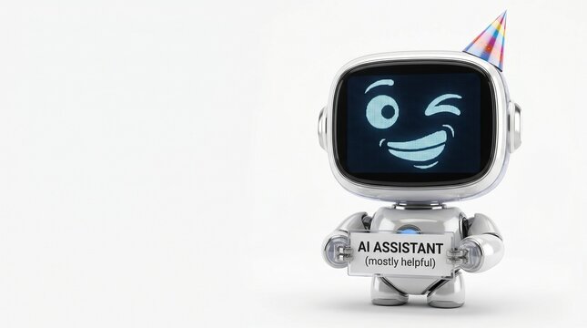 Cute silver robot character wearing a party hat holding a sign that says ai assistant mostly helpful isolated on white background