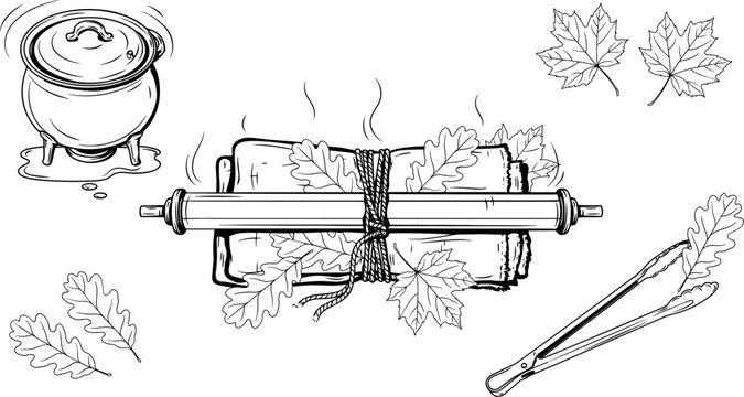 Eco Printing Natural Dyeing Craft Line Art Vector Icon Set Featuring Bundled Fabric On Dowel Boiling Cauldron Pot Maple And Oak Leaves