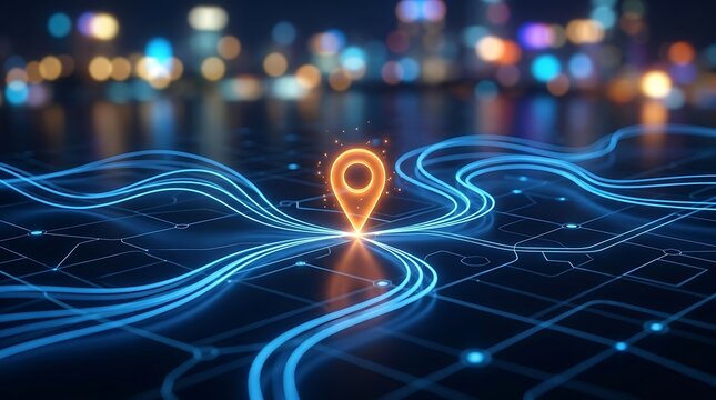 Glowing orange location pin on a dark digital grid with flowing blue light lines and a blurred city lights background, for navigation