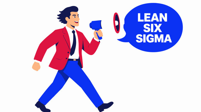 Businessman holding megaphone with lean six sigma text.