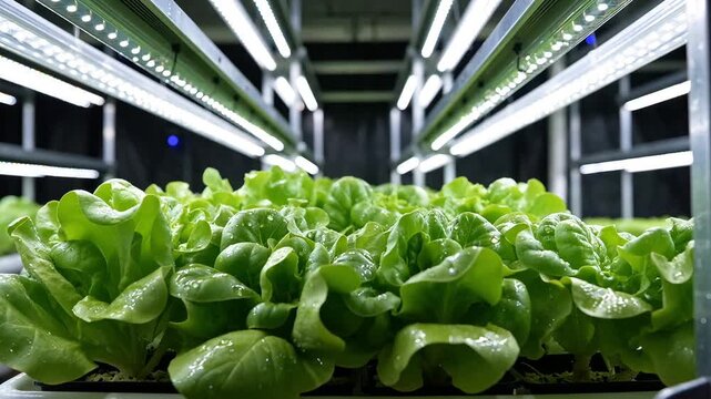Fresh green lettuce growing in indoor vertical smart farm system with LED lights