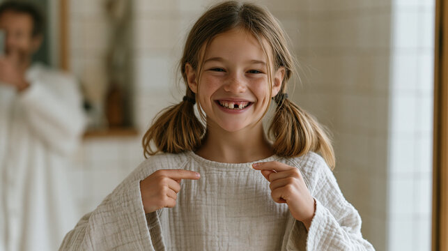 Young girl with pigtails stands in front of a bathroom mirror grinning and pointing at a gap in her front teeth as she holds the lost tooth carefully between two fingers while her