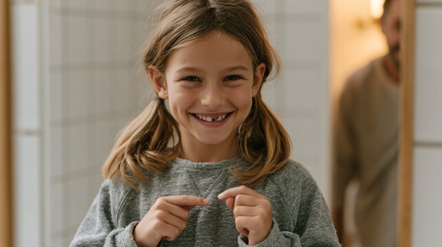 Young girl with pigtails stands in front of a bathroom mirror grinning and pointing at a gap in her front teeth as she holds the lost tooth carefully between two fingers while her
