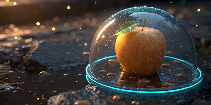 Fresh red apple protected inside transparent glass dome with glowing light ring on ground.