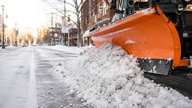 Orange snow plow clearing snowy city street in winter, road maintenance and urban snow removal concept with cold weather, transportation safety and copy space