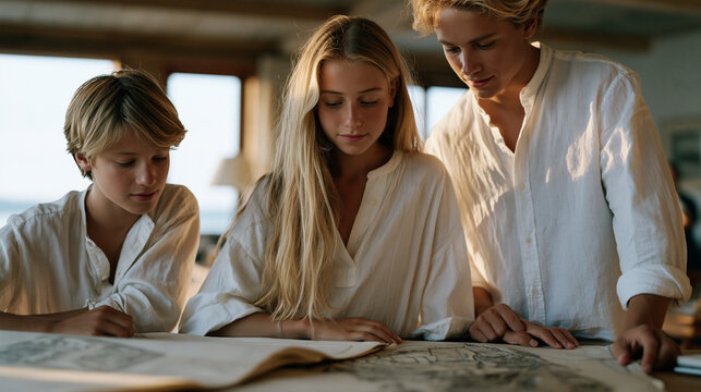 Three siblings gather around their late father's desk in family construction firm office, original blueprints and new property development plans both spread open, family business