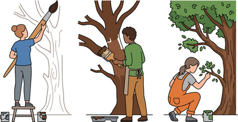 Minimalist Flat Vector Set of People Painting, Carving, and Gardening a Tree with Small Buckets and Tools © MD