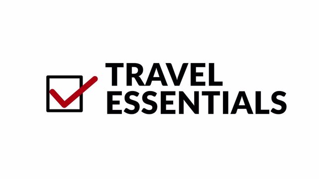 Travel Essentials Text Animation with Red Checkmark Checklist Icon on Transparent Background for Travel Vlogs, Tourism Promos, Vacation Packing Guides, and Social Media Video Content Creators in 4K
