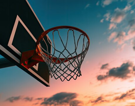 Closeup of a basketball hoop against a vibrant sunset sky