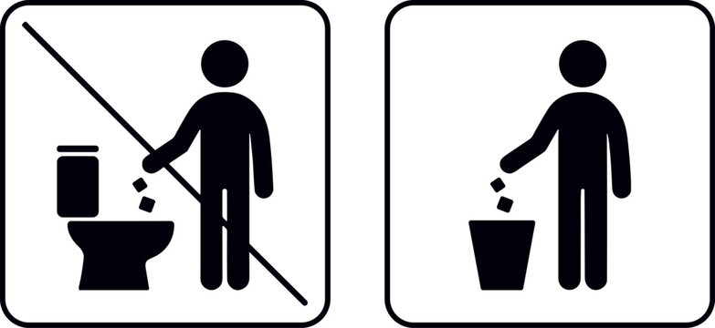 Toilet rules vector sign set showing do not flush trash and use bin icons on transparency background.