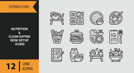 Naklejka premium Nutrition and Clean Eating Desk Setup Outline Icons for Healthy Lifestyle Planning