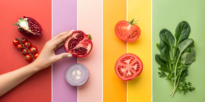 Composition of fresh fruits and green vegetables organized on colorful vibrant panels.