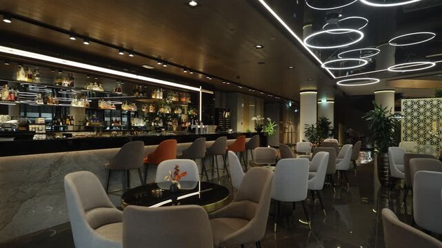 Luxury hotel bar counter and restaurant seating