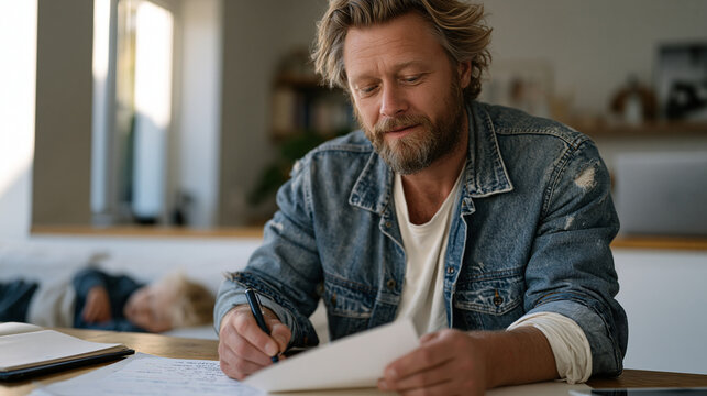Father in worn denim jacket reviewing handwritten salary negotiation notes at kitchen table while toddler naps nearby, soft morning window light, suburban home office backdrop,