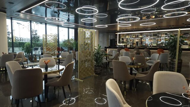 Upscale hotel lounge bar and restaurant interior