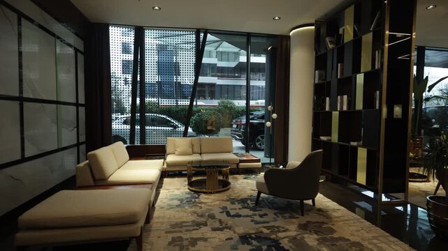 Elegant hotel reception lounge with contemporary furniture