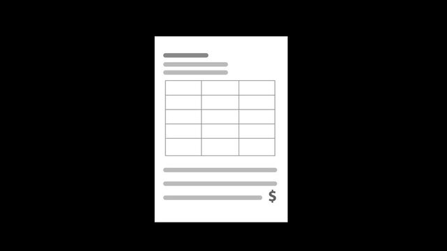 Business invoice or financial statement sheet, featuring a structured data table grid, horizontal placeholder lines, and a dollar sign symbol. 2D motion graphics in 4K resolution with alpha channel