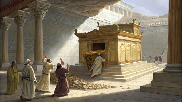 Temple veil torn revealing ark of covenant in epic biblical scene