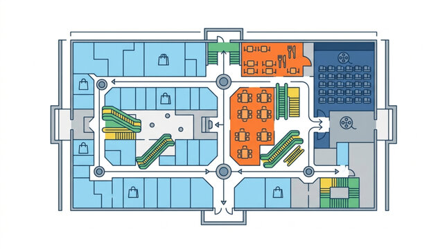 Top view of a colorful shopping mall floor plan with shops and escalators.