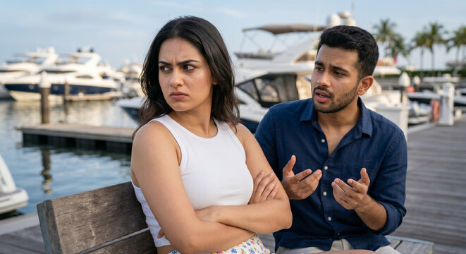 Upset woman sitting on a marina bench with arms crossed, ignoring her partner who is trying to explain himself during an argument.