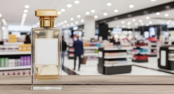 A goldcapped perfume bottle on a wooden surface in a blurred store background