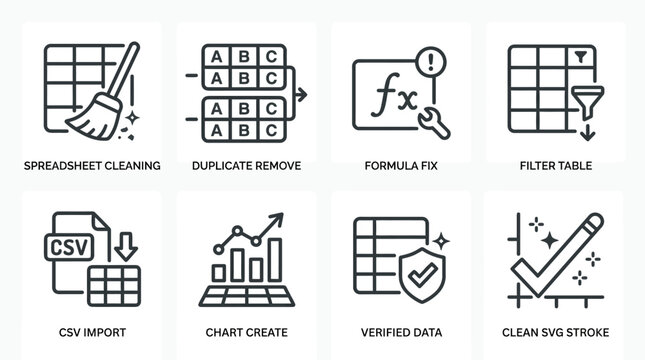 Spreadsheet data processing icons showing cleaning duplicate removal formula fix table filter import and verified report creation for office software.
