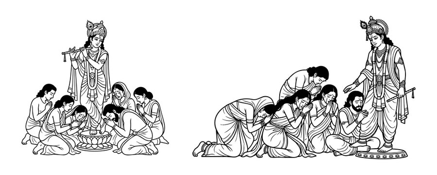 Black and white line art depicts individuals revering an Indian deity playing a flute, in two traditional ceremonial scenes.