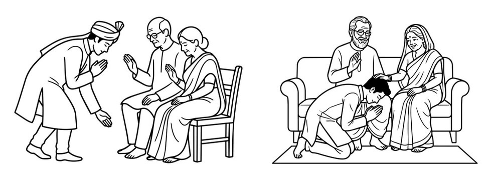 Indian man in traditional wedding attire respectfully bowing to elder couple seated on chair, offering blessings, cultural tradition.