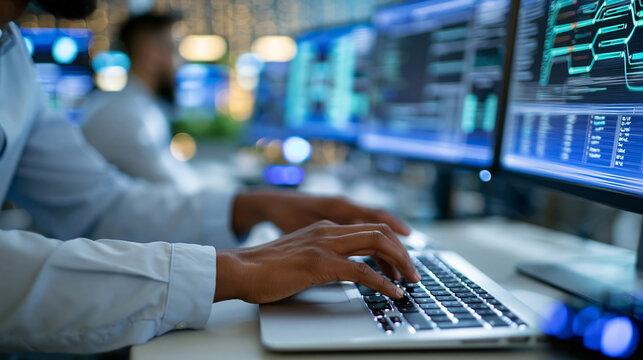 Anonymous skilled cloud security architect reviewing security dashboards and identity management flows in a contemporary SOC, threat detection concept, faceless, defocused, with