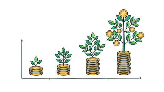 Financial growth chart illustrating coins stacked with trees and fruits