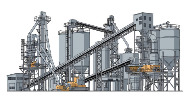 Industrial manufacturing plant complex with steel silos and conveyor belt systems.