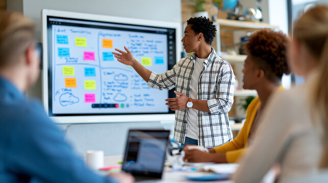 Anonymous cloud platform team conducting a sprint retrospective on a virtual whiteboard during a remote video call, agile cloud development concept, faceless, defocused, with copy
