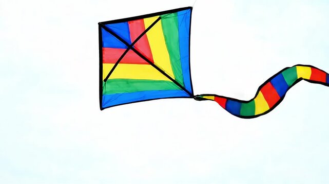 Colorful rainbow kite flying high in the bright cloudy sky