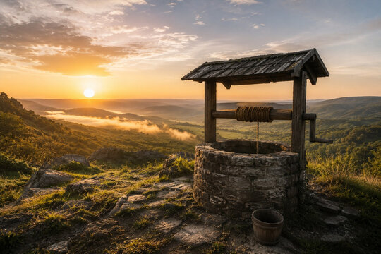 Traditional stone well overlooking misty hills at sunrise