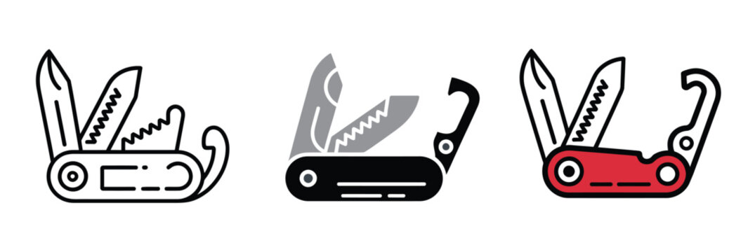 Multifunction tool vector icon set with pocket knife symbols for camping, hiking, survival gear, outdoor adventures, and utility applications.