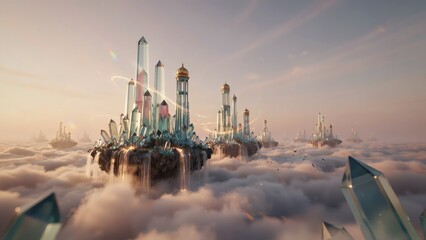 Naklejka premium Futuristic Floating City with Skyscrapers and Tall Spires Above Clouds