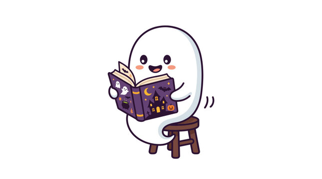 Cute ghost sitting on a stool reading a storybook